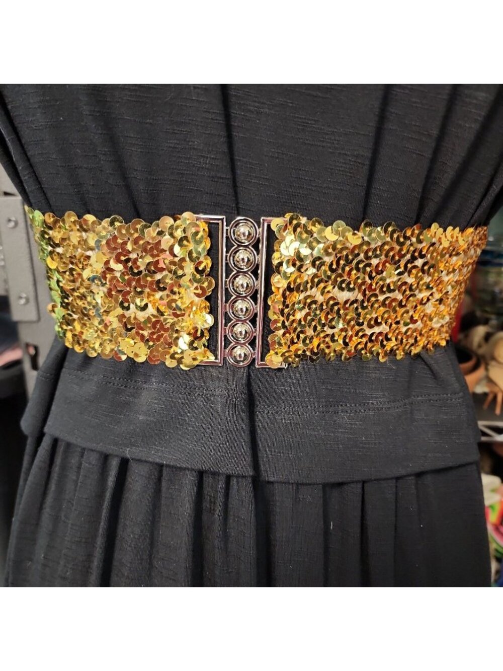 Vintage 80s Glam Gold Sequin Cinch Waist Belt Adjustable Glamour 3"wide